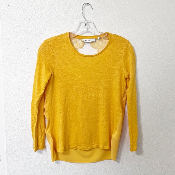 Sandro Paris Golden Yellow Open Back Lace Linen Long Sleeve Linen Top - Picture 2 of 10